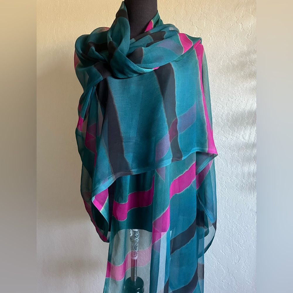 Teal with pink and black abstract pattern chiffon wrap